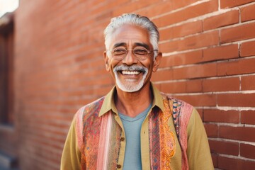 Portrait of a cheerful indian man in his 70s donning a trendy cropped top against a vintage brick wall. AI Generation