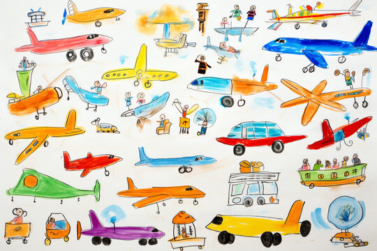 Drawing pictures of various cute airplanes by children