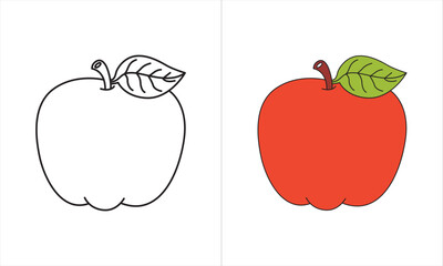 Vector red apple icon tracing trace doted and colour outline Cartoon apple to be colored. Coloring book for children.