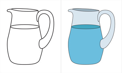 Isolated glass water jug on white background. tracing trace doted and colour outline Illustration of isolated colorful and black and white jug for coloring book