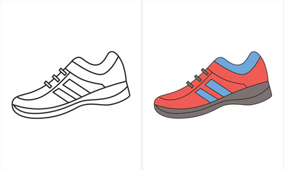 Pair of realistic sneakers. Colorful stylish modern lace up shoes. Sports vector illustration, view. Idea for shoe store tracing trace doted and colour outline isolated, white sneakers