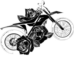 vector black silhouette of motocross with rose - 695354356