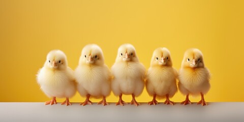Small chickens are standing side by side, light yellow background - obrazy, fototapety, plakaty