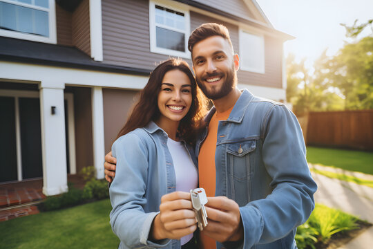 Happy young couple holding home keys after buying real estate