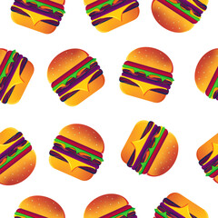 Seamless pattern depicting fragrant burgers with cheese. Vector illustration.