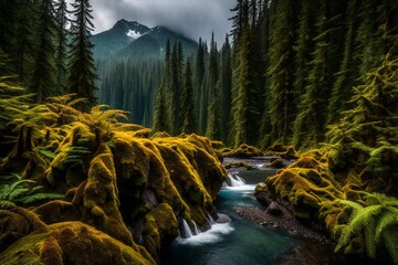 waterfall in the forest  and generated AI