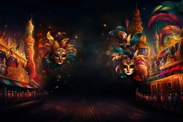 Scenery carnival background with masks and feathers.