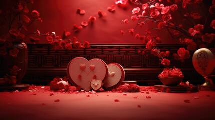 Red background for Chinese New Year, scene for Valentine's, hearts for love mood, space for text