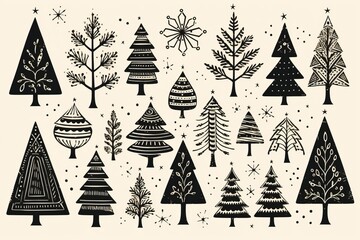 Cartoon abstract Christmas trees with gifts and balls set. Black and white