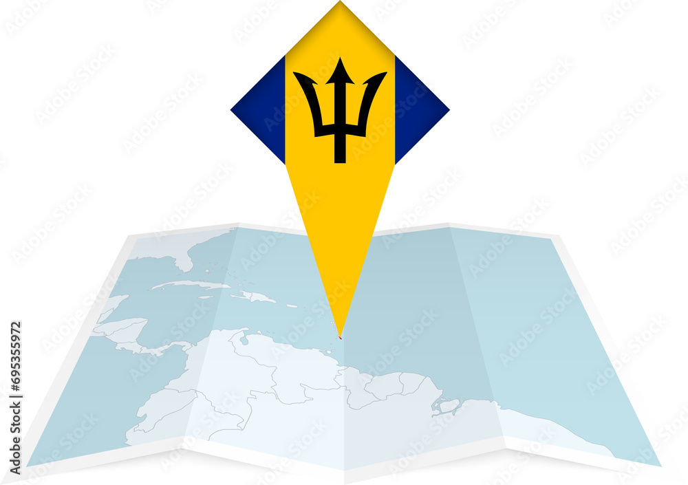 Wall mural Barbados pin flag and map on a folded map