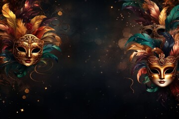 Carnival background with masks and feathers.
