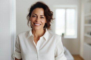 Portrait of a smiling woman in her 40s sporting a vented fishing shirt against a modern minimalist interior. AI Generation