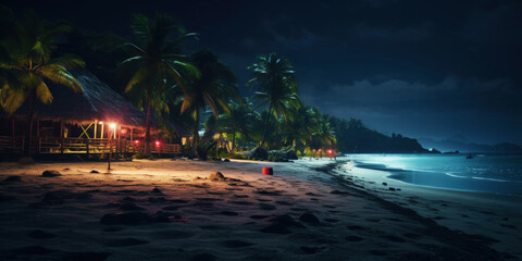 Fototapeta premium Tropical beach at night with palms and bungalows. Seascape. Generative AI