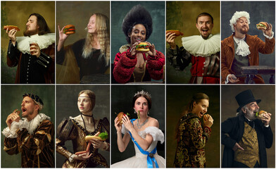 Collage. Medieval people, men and women in vintage costumes eating fast food, burgers over dark...