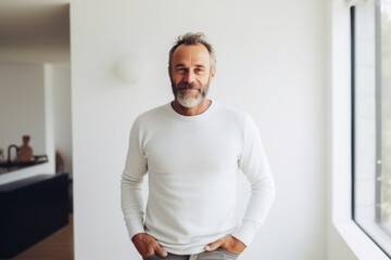 Portrait of a content man in his 50s showing off a thermal merino wool top against a modern minimalist interior. AI Generation - obrazy, fototapety, plakaty