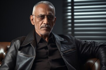 Obraz premium Portrait of a glad indian man in his 60s sporting a classic leather jacket against a modern minimalist interior. AI Generation