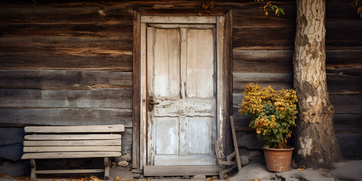 Old Wooden Door In Antique House House Draw Ethnographical Photo Background Wooden barn door with handle old wooden buildin a bentch and plant with flowers on the outside of house Ai Generative