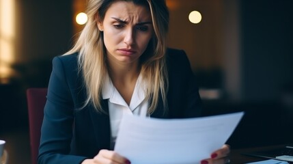 A depressed businesswoman sitting in an office with a table full of overdue checks and payments. Bills and payments concept. Sad adult woman takes care of her finances. Business problems. - obrazy, fototapety, plakaty