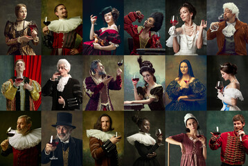 Collage. Portrait of different royal people, famous historical personages drinking wine over dark...
