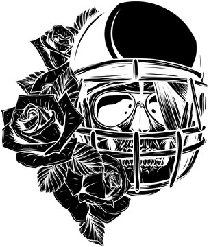 black silhouette of human skull with helmet fottball and rose flowers isolated vector illustration