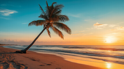 Solitary Palm Tree Shadow on a Serene Beach at Sunrise with Ample Copy Space - obrazy, fototapety, plakaty