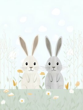Cartoon bunny, soft and gentle, cute, childlike simple illustration, children's picture book style, clip art, white background. generative AI