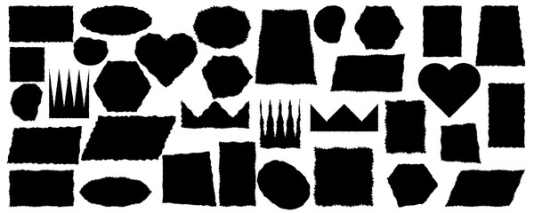 Jagged rectangles collection. Set of black grunge element, shapes with jagged edges. Torn paper pieces for collage, text box, banner, sticker. Vector - obrazy, fototapety, plakaty