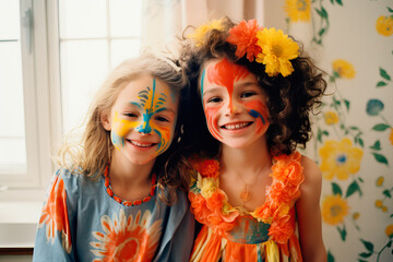 Two Young Girls with Painted Faces at carnival Created With Generative AI Technology