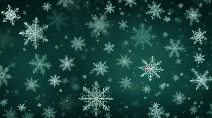 Naklejka na ściany i meble Background texture: snowflakes on a green background. Festive decoration for gift wrapping. Beautiful New Year and Christmas patterns with drawings. 