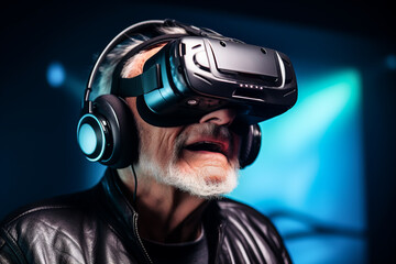 Generative AI image of senior man experiencing virtual reality