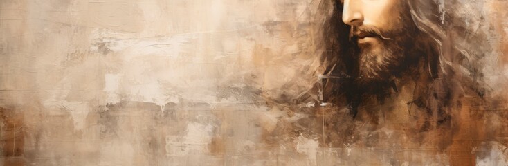 Abstract Watercolor illustration of Jesus Christ . Horizontal banner, copy race for text