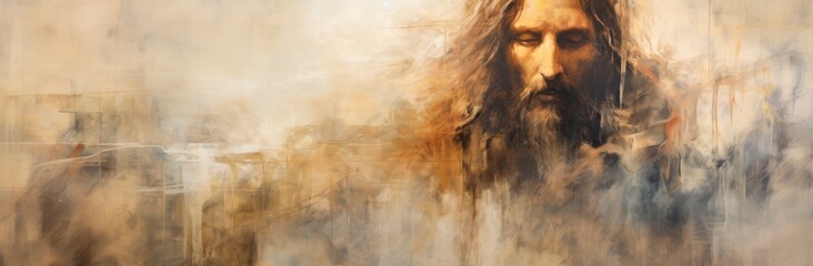 Abstract Watercolor illustration of Jesus Christ . Horizontal banner, copy race for text - obrazy, fototapety, plakaty