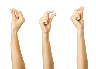 Hand pinching, holding or measuring something gesture. Multiple images set of female caucasian hand with french manicure pinching, holding or measuring something