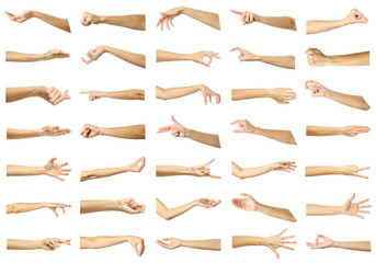 Big set of getures of female caucasian hand gestures with french manicure - obrazy, fototapety, plakaty