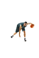 Skill and athleticism. Portrait of basketball player executing perfect slam dunk, illustration strength and precision against white background.