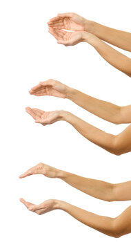 Cupped hands. Multiple images set of female caucasian hand with french manicure showing Cupped hands gesture