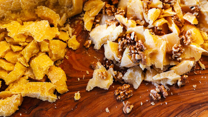 Walnuts and Parmesan Cheese Plate on an Inauguration Event Close Up Full Frame Background Image