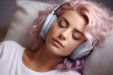 Close up of a woman with curly pink lilac short hair lying on a sofa, or sleeping, listening to music, audio book or podcast, enjoying meditation for sleep and peaceful mind. Rest And Relax Concept