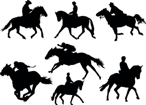 Cowboy and cowgirl rodeo vector silhouettes collection, Riding A Horse, Equestrian gesture silhouette. great set collection clip art Silhouette , Black vector illustration on white background V2.