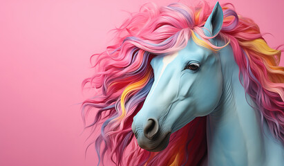 Beautiful fantastic amazing fairytale blue horse portrait on with rainbow mane on a color isolated studio background. Banner, wallpaper, poster, Rainbow pony