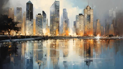 Foto auf Leinwand Panoramic view of New York City Manhattan skyline at sunset with reflection in water. © Iman