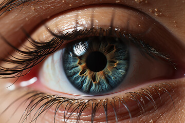Perfect blue brown eye with heterochromia, macro shot, the vision of the future and healthy life concept