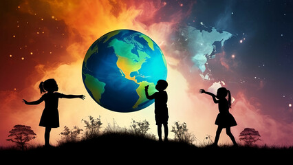 Silhouette of children with planet earth background, AI generated