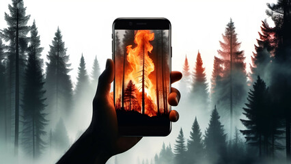 Conceptual image of human hand holding mobile phone with fire on screen, AI generated