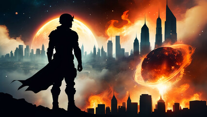 Silhouette of super hero against the background of the planet, AI generated