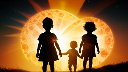 Silhouette of a happy family on the background of the sun, AI generated
