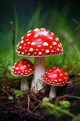 Obraz premium Fly agaric or fly-amanita mushrooms fungi with dark blur background and grass on surface created with Generative Ai