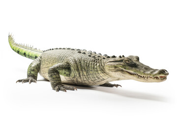 A gharial, a long-snouted crocodile with a narrow muzzle on white background
