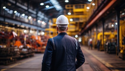 Rear view of engineer in safety helmet standing at factory. Industrial background