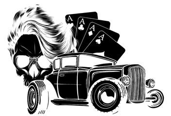 black silhouette of skull with hot rod and poker aces on white background